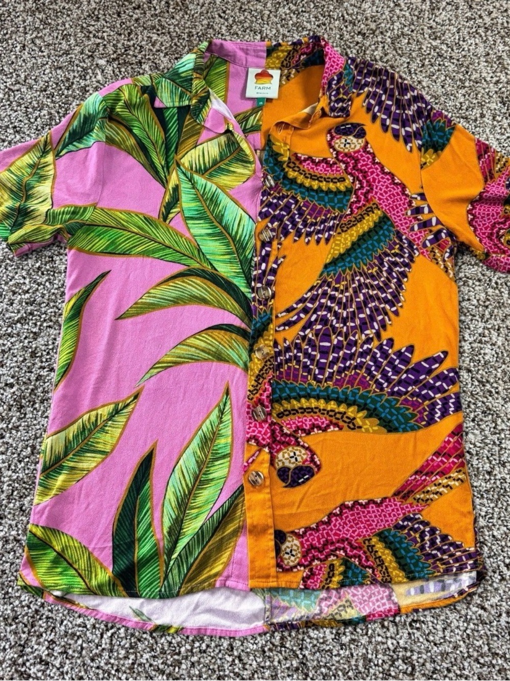 FARM Rio Oversized Split-Print Tropical Button-Down in Pink & Orange